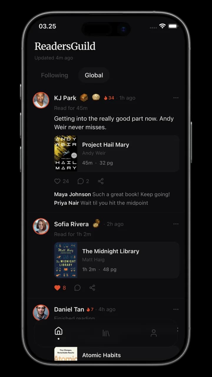 ReadersGuild feed with recent sessions, book covers, and comments from readers you follow