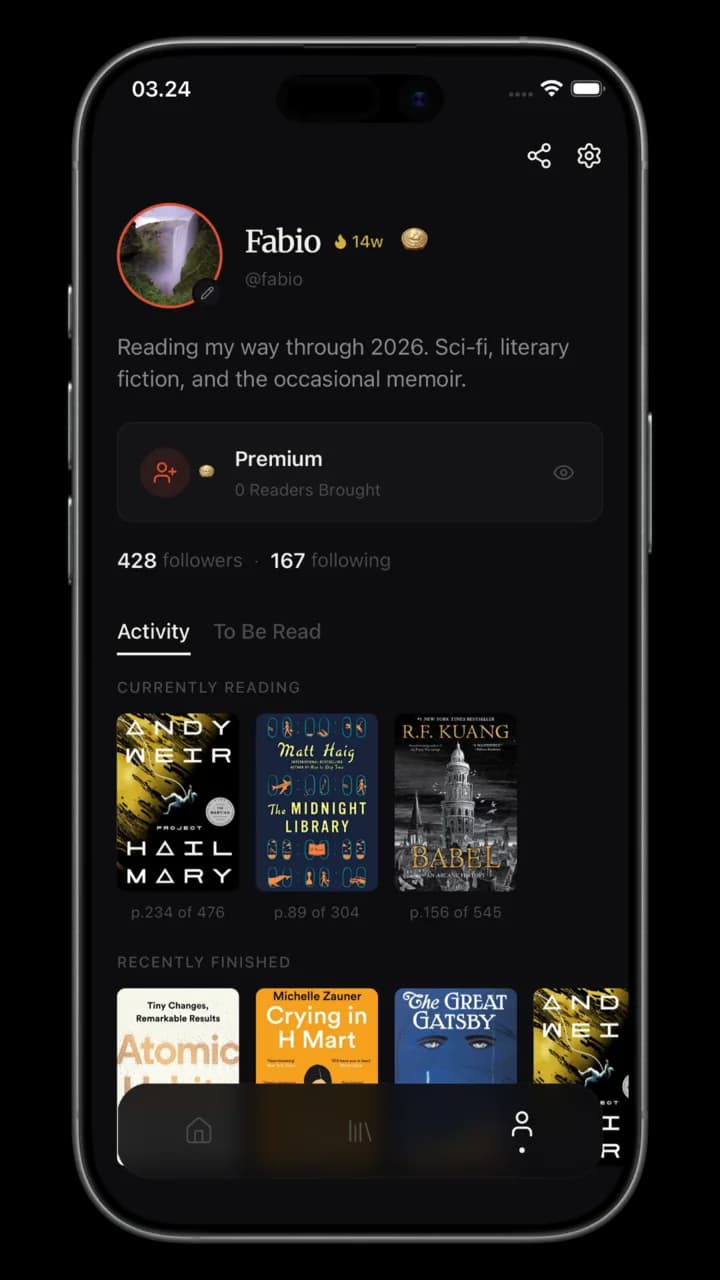 Reader profile with bio, bookshelf, and reading activity