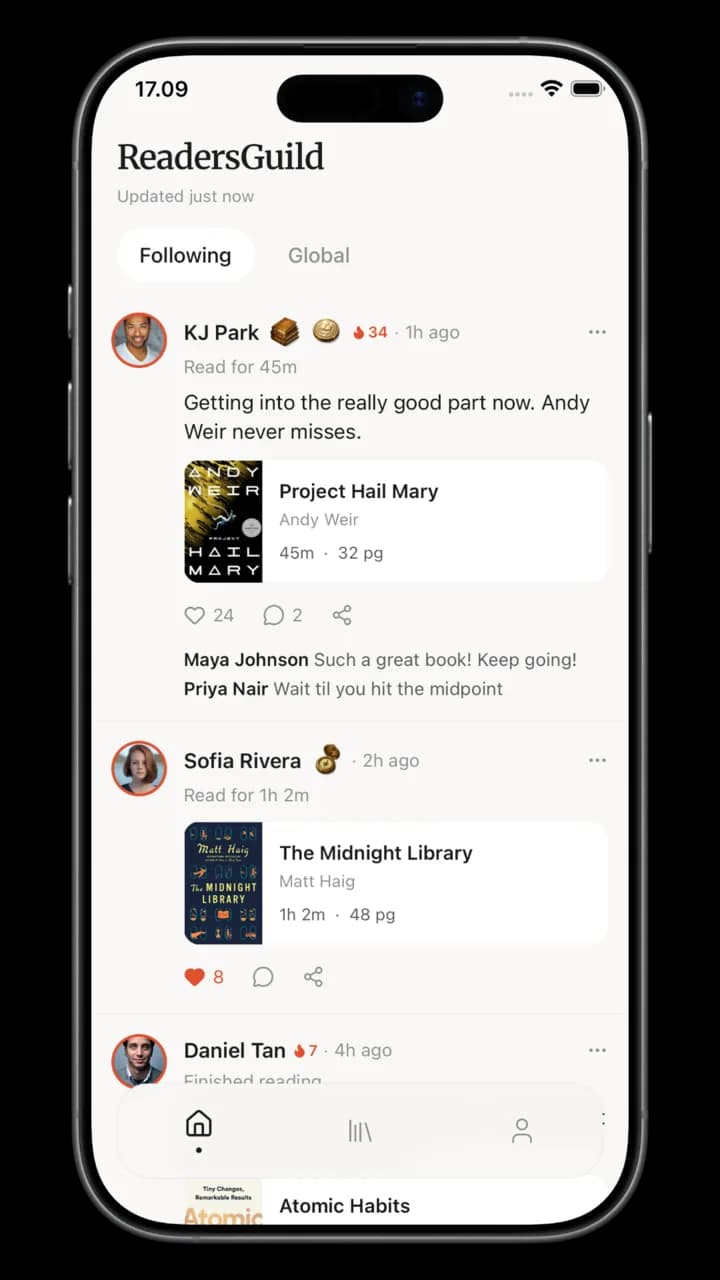 The ReadersGuild feed showing recent reading sessions