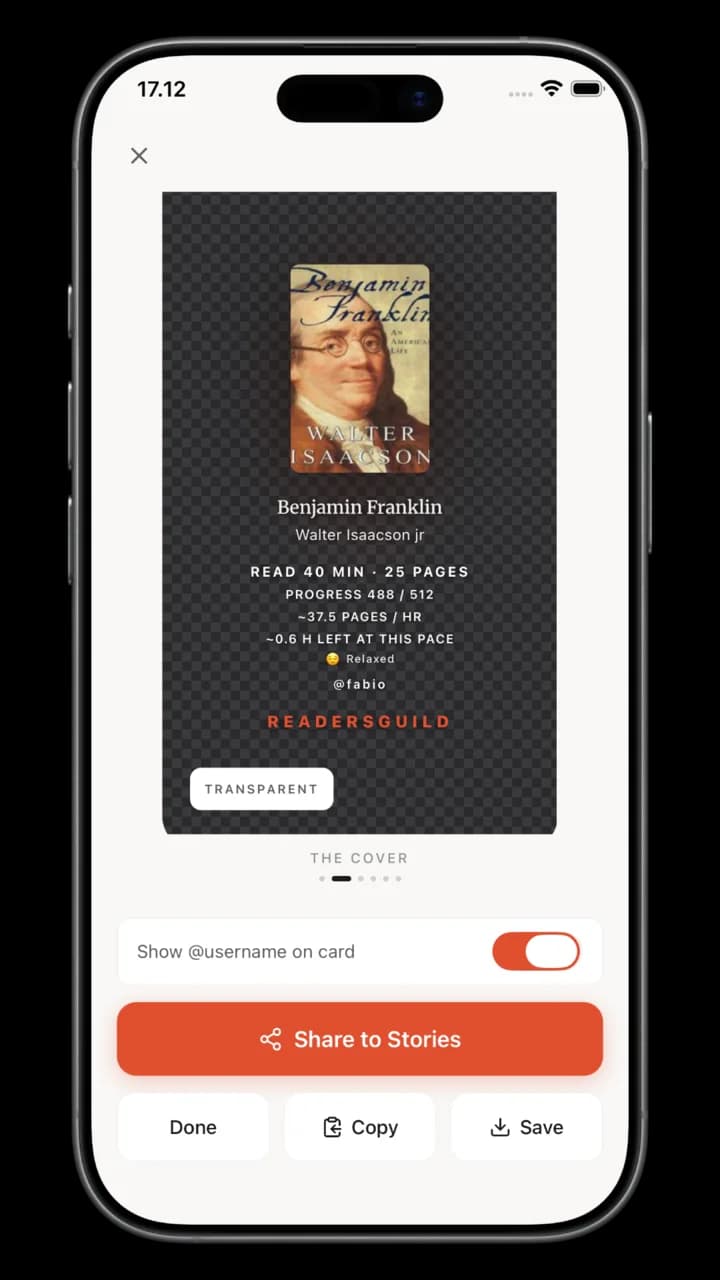 Share card with the book cover, generated from a reading session