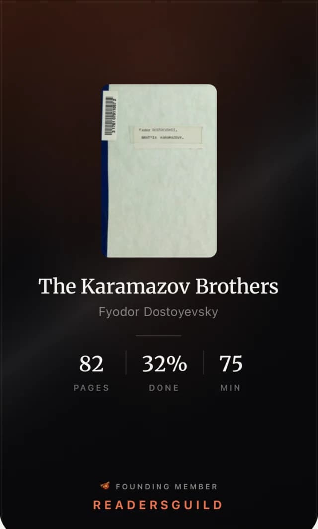 A ReadersGuild share card: the book's cover, pages read, percent done, and minutes.